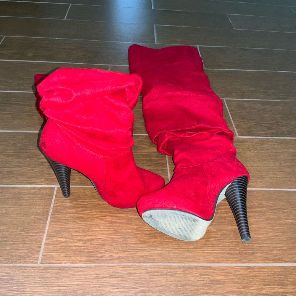 Michael Antonio Red and Black Knee High Boots w/original Shoe Box